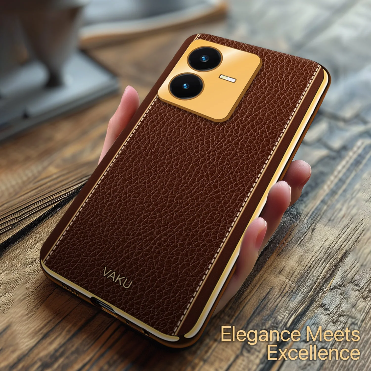 Vaku® Vivo Y22 Luxemberg Series Leather Stitched Gold Electroplated Soft TPU Back Cover