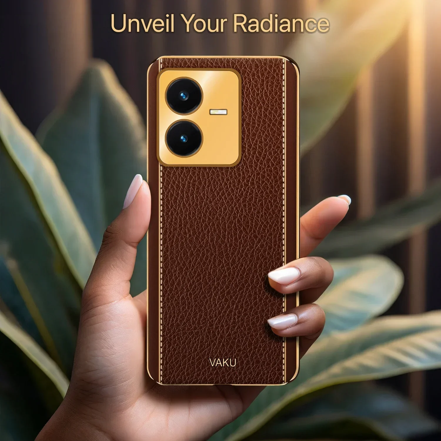 Vaku® Vivo Y22 Luxemberg Series Leather Stitched Gold Electroplated Soft TPU Back Cover - Image 11