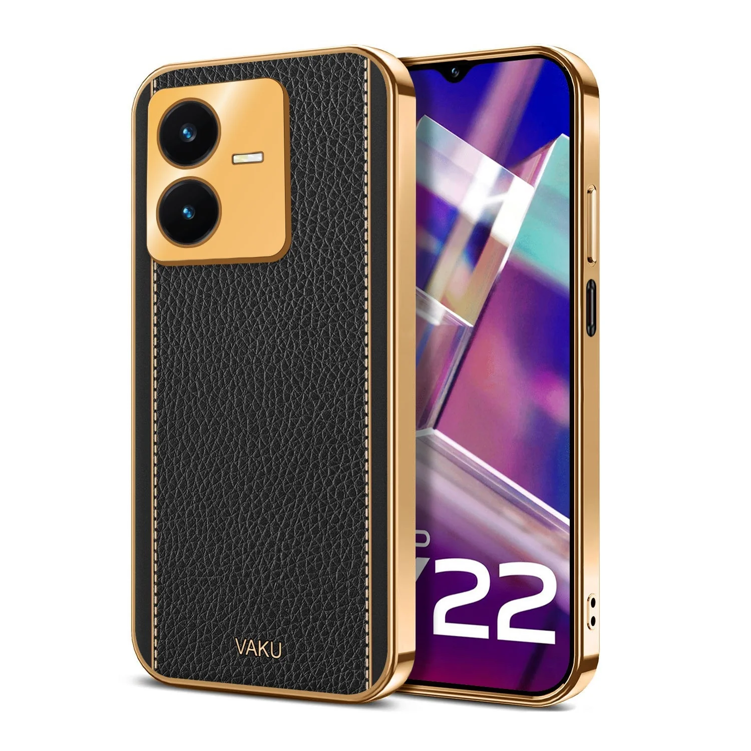 Vaku® Vivo Y22 Luxemberg Series Leather Stitched Gold Electroplated Soft TPU Back Cover - Image 12