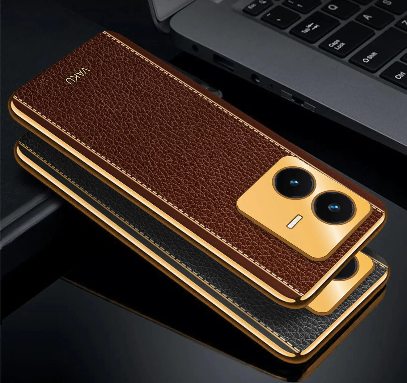 Vaku® Vivo Y22 Luxemberg Series Leather Stitched Gold Electroplated Soft TPU Back Cover - Image 17