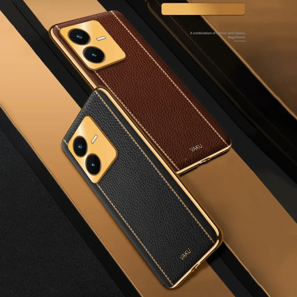 Vaku® Vivo Y22 Luxemberg Series Leather Stitched Gold Electroplated Soft TPU Back Cover - Image 3