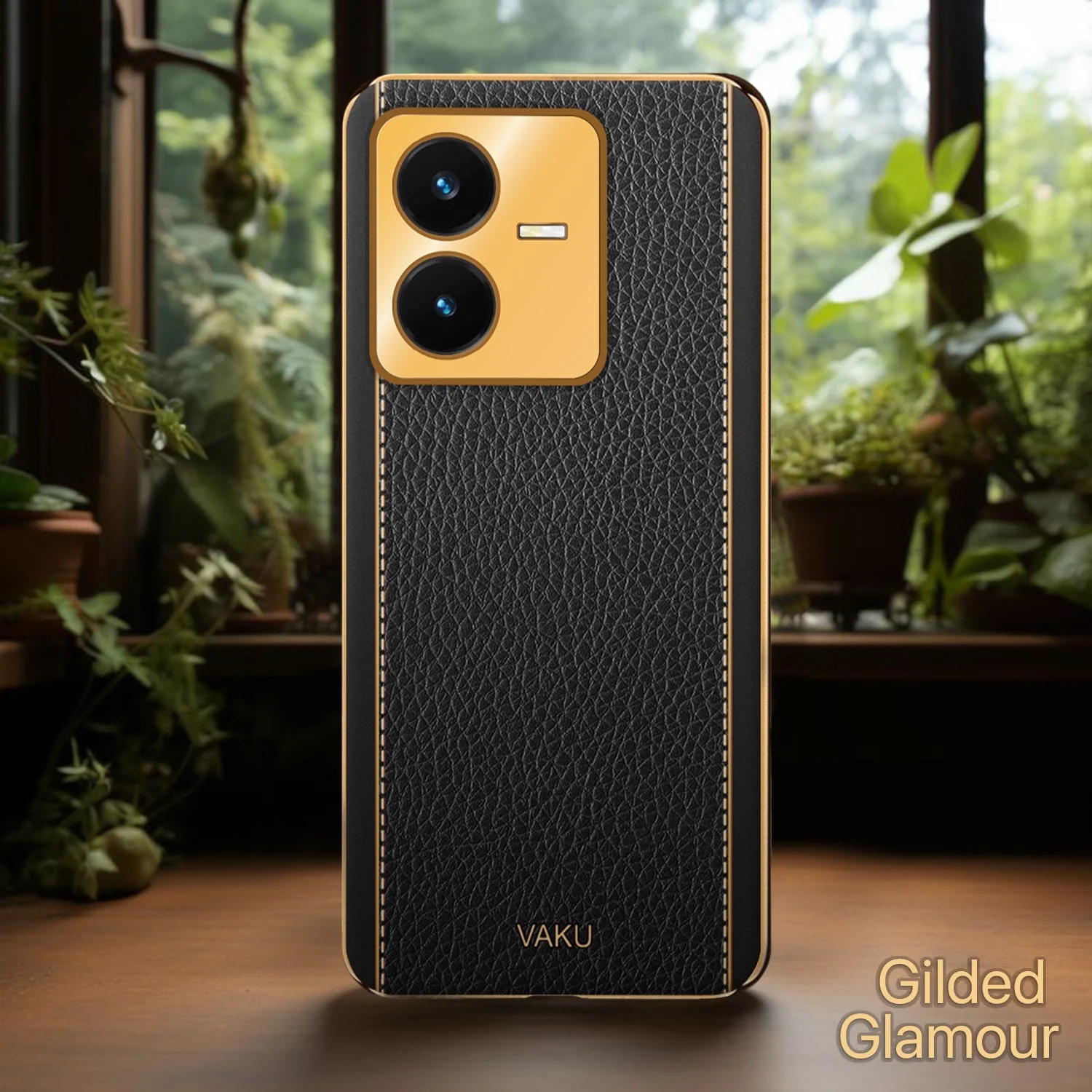 Vaku® Vivo Y22 Luxemberg Series Leather Stitched Gold Electroplated Soft TPU Back Cover - Image 5