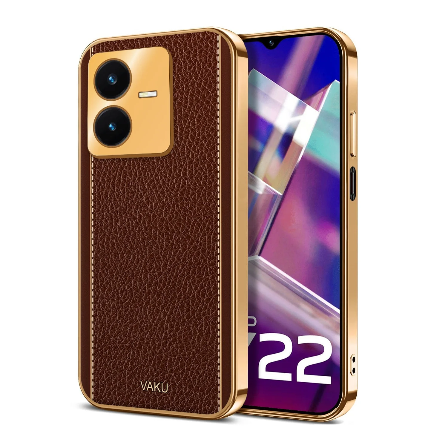 Vaku® Vivo Y22 Luxemberg Series Leather Stitched Gold Electroplated Soft TPU Back Cover - Image 6