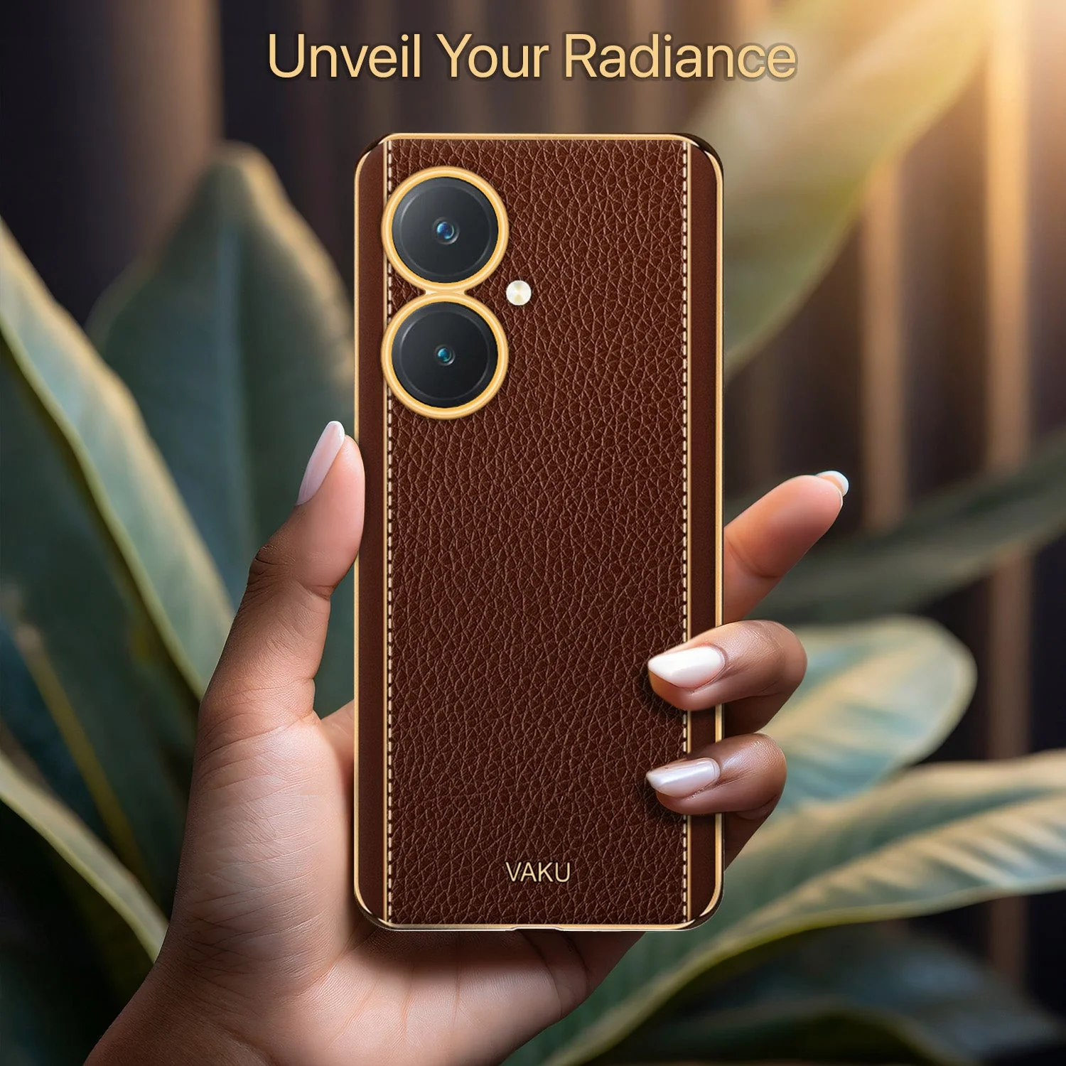 Vaku® Vivo Y27 Luxemberg Series Leather Stitched Gold Electroplated Soft TPU Back Cover