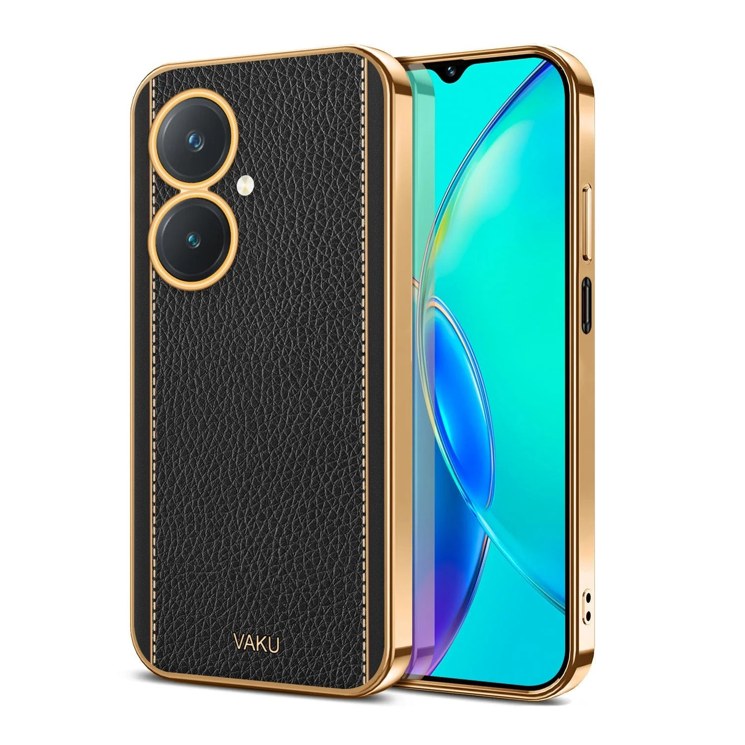 Vaku® Vivo Y27 Luxemberg Series Leather Stitched Gold Electroplated Soft TPU Back Cover - Image 11