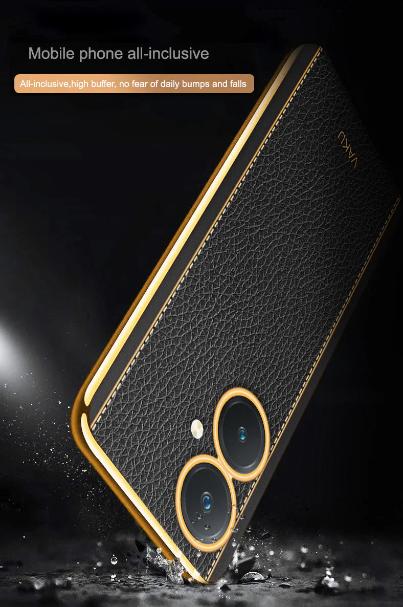 Vaku® Vivo Y27 Luxemberg Series Leather Stitched Gold Electroplated Soft TPU Back Cover - Image 13