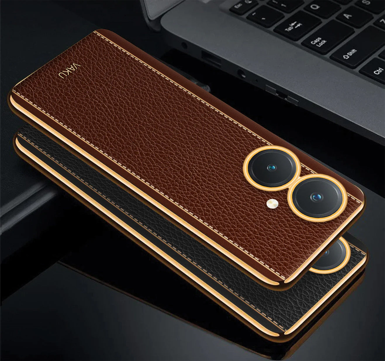 Vaku® Vivo Y27 Luxemberg Series Leather Stitched Gold Electroplated Soft TPU Back Cover - Image 6