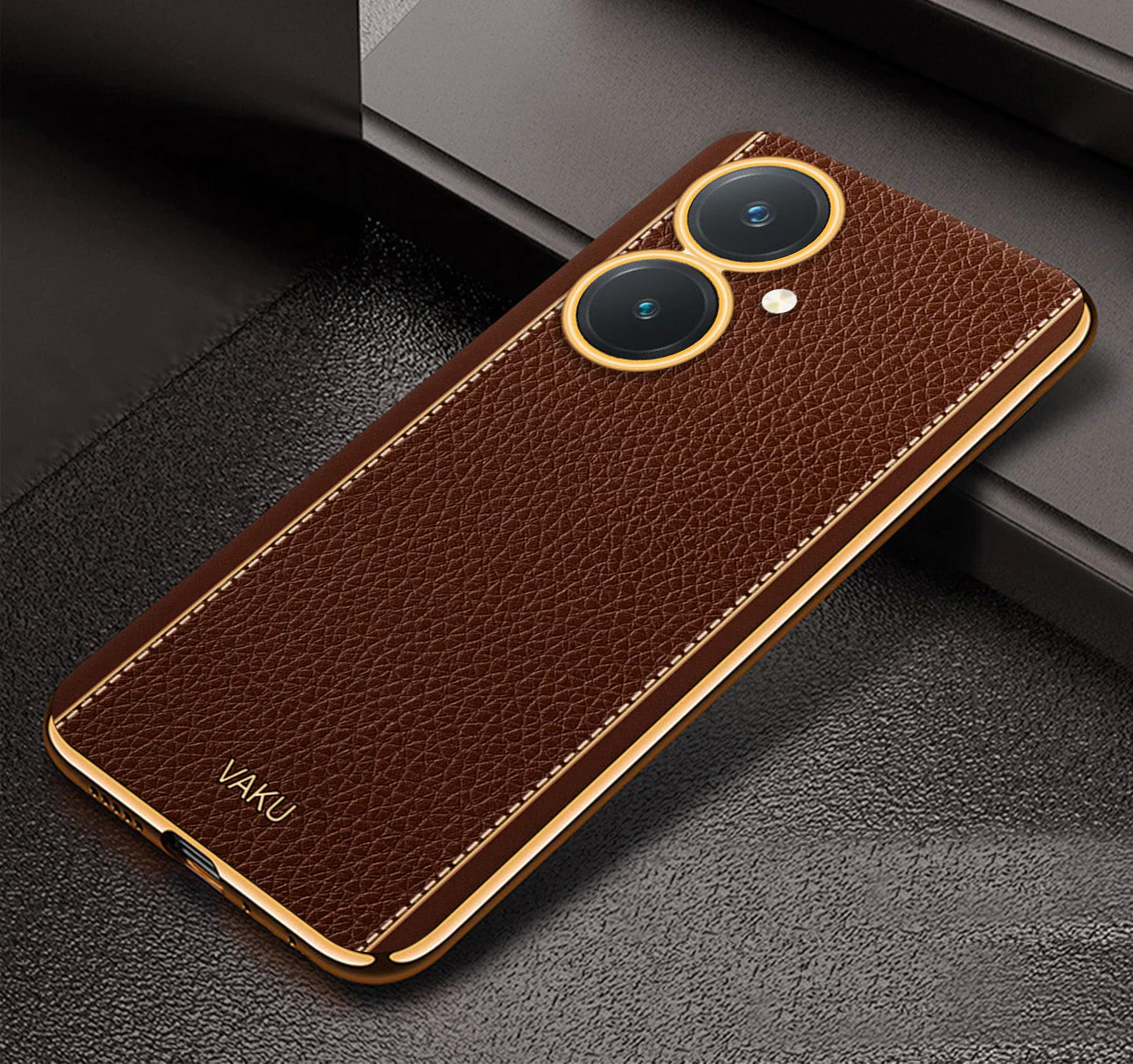Vaku® Vivo Y27 Luxemberg Series Leather Stitched Gold Electroplated Soft TPU Back Cover - Image 8