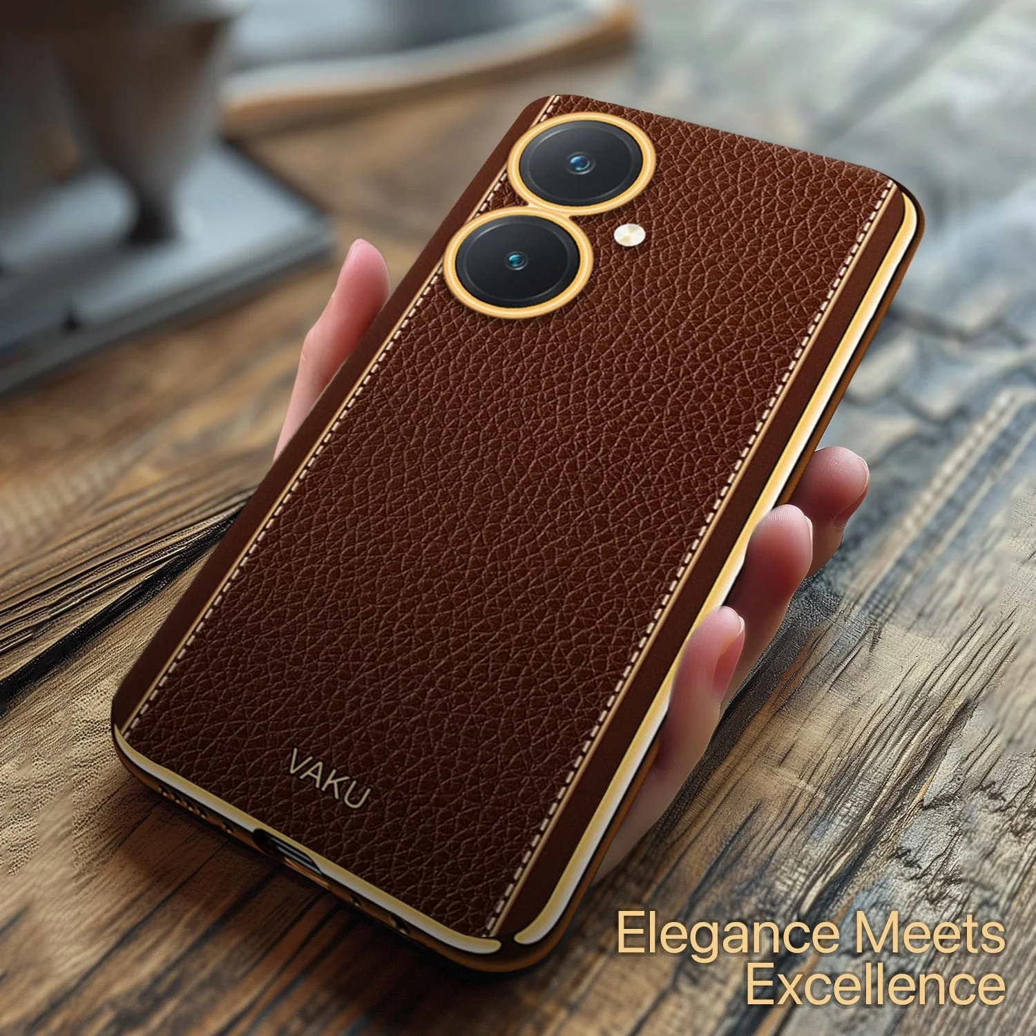 Vaku® Vivo Y27 Luxemberg Series Leather Stitched Gold Electroplated Soft TPU Back Cover - Image 9
