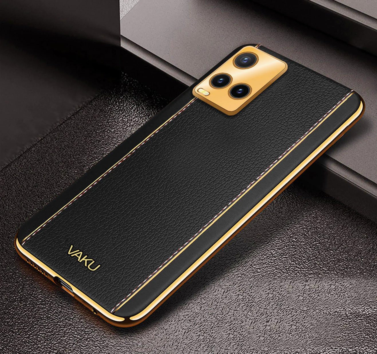 Vaku® Vivo Y33S Luxemberg Series Leather Stitched Gold Electroplated Soft TPU Back Cover