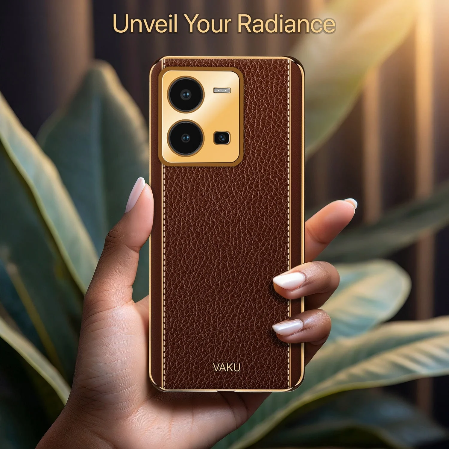 Vaku® Vivo Y35 4G Luxemberg Leather Pattern Gold Electroplated Soft TPU Back Cover - Image 2