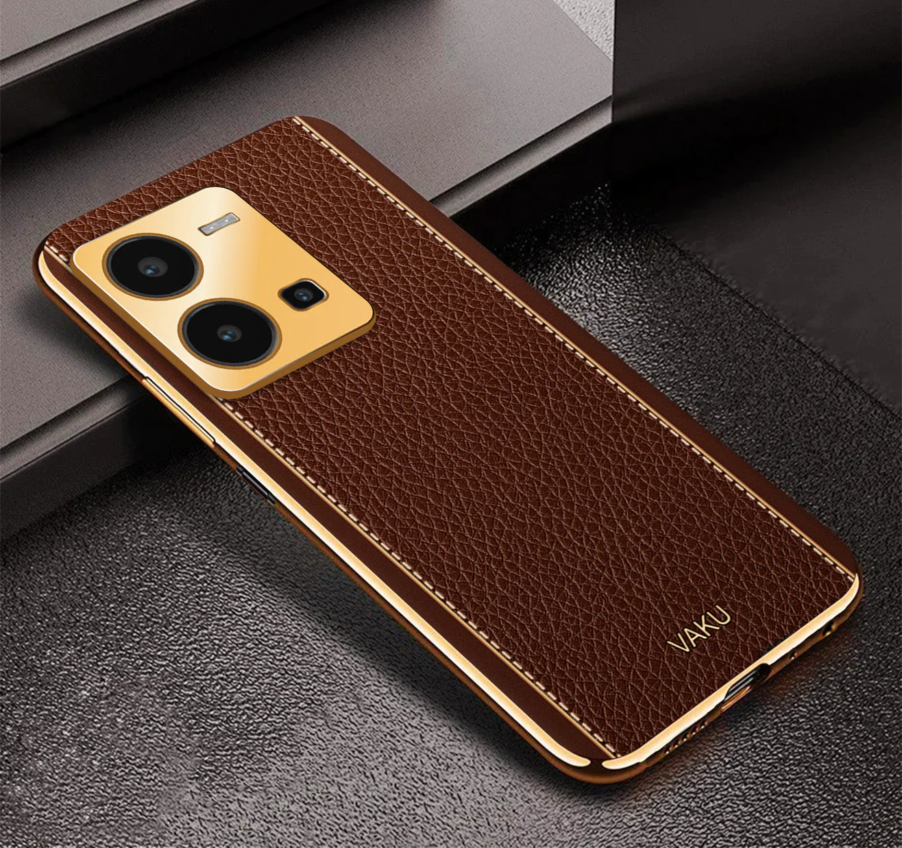 Vaku® Vivo Y35 4G Luxemberg Leather Pattern Gold Electroplated Soft TPU Back Cover - Image 4