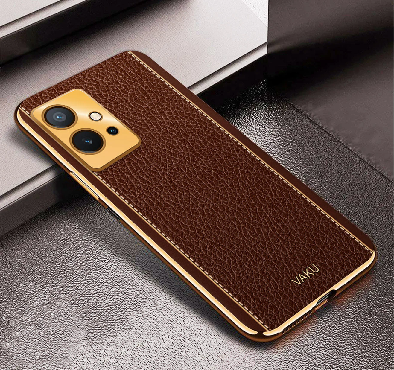 Vaku® Vivo Y55s 5G Luxemberg Leather Pattern Gold Electroplated Soft TPU Back Cover - Image 10