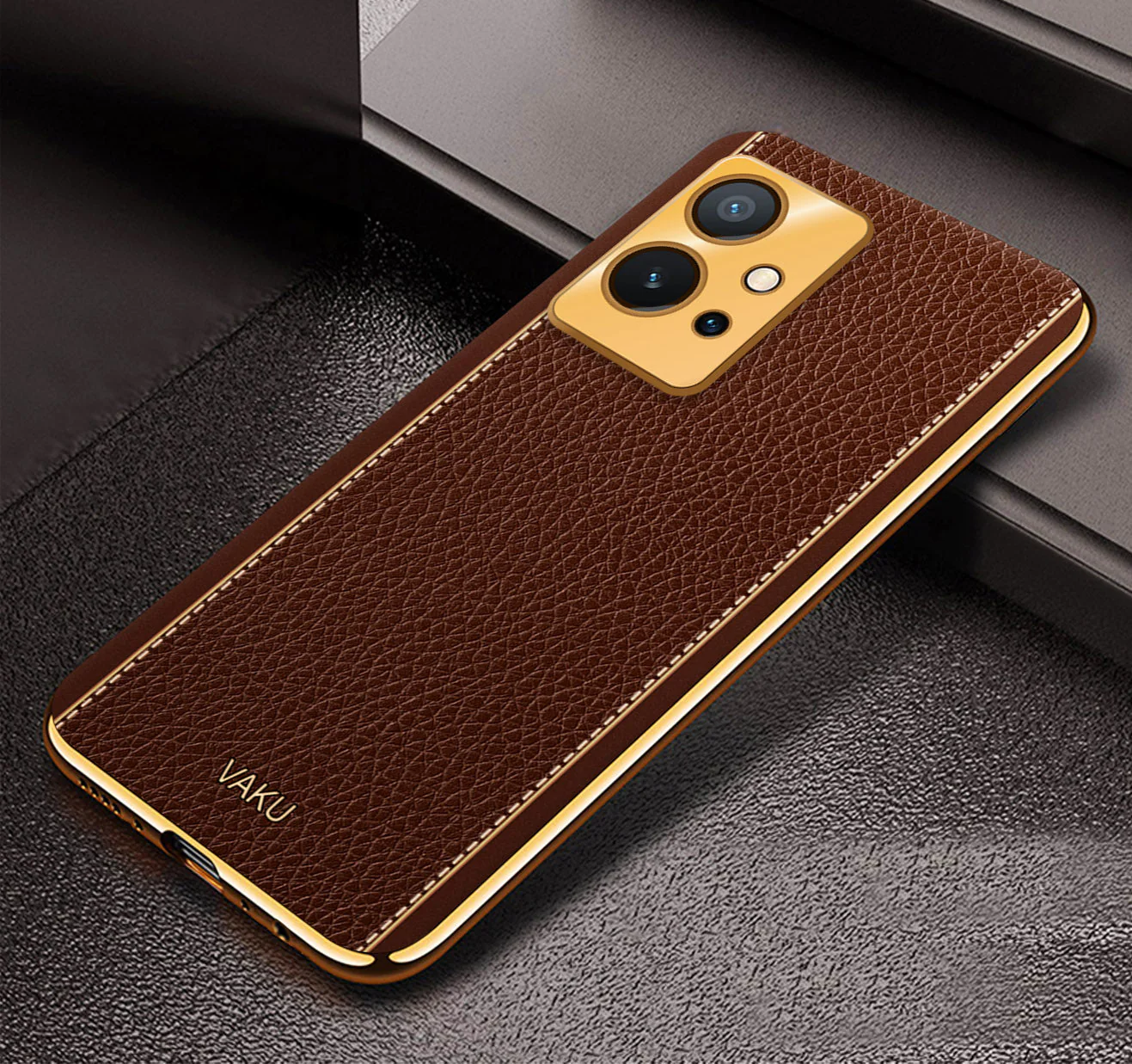 Vaku® Vivo Y55s 5G Luxemberg Leather Pattern Gold Electroplated Soft TPU Back Cover - Image 11