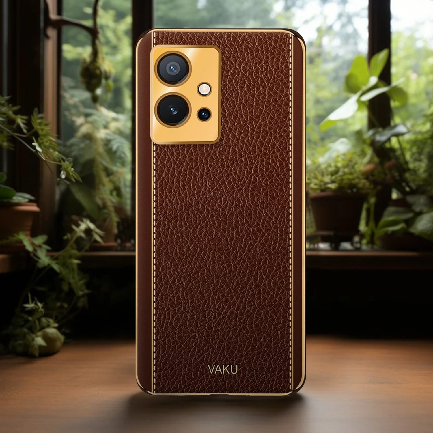 Vaku® Vivo Y55s 5G Luxemberg Leather Pattern Gold Electroplated Soft TPU Back Cover - Image 2