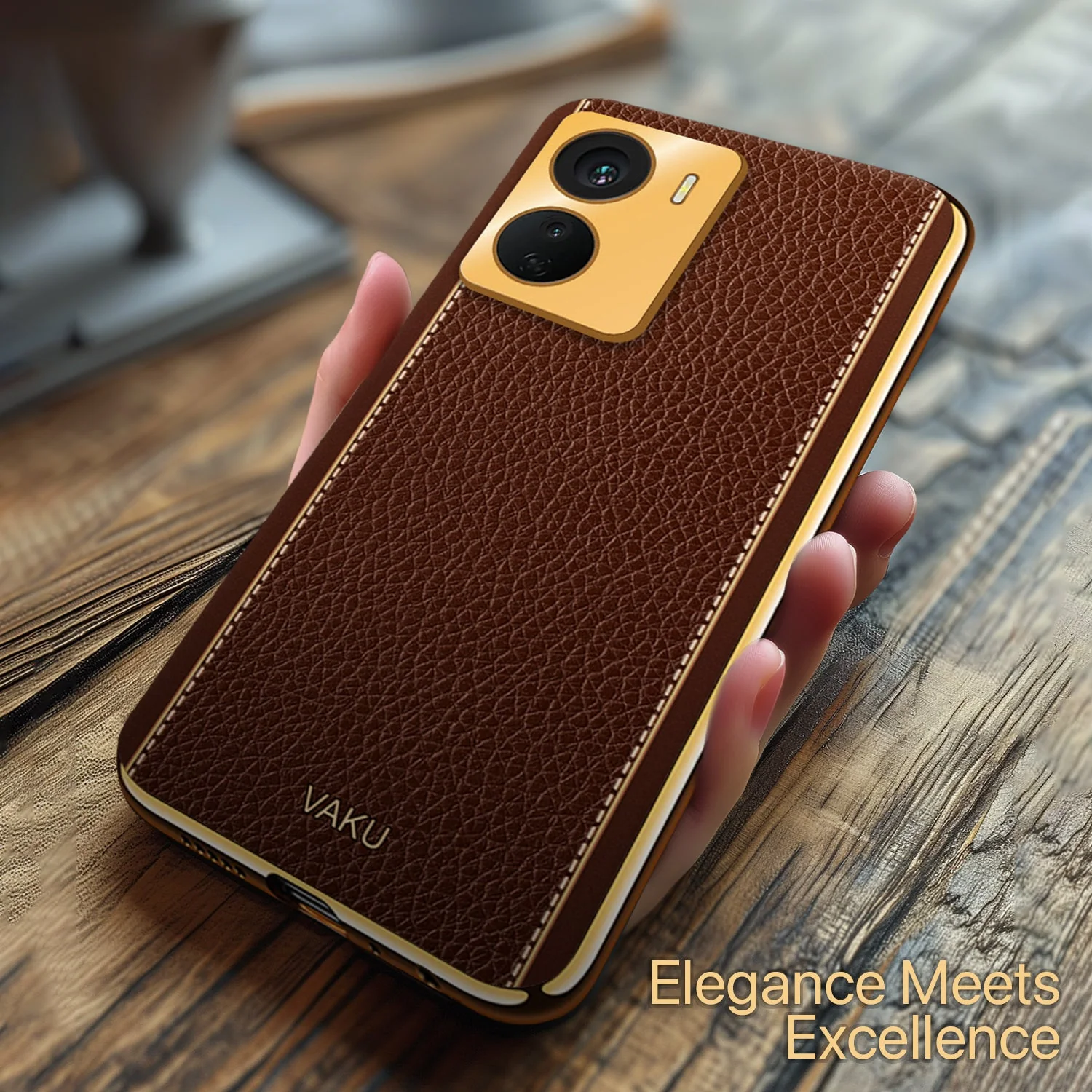 Vaku® Vivo Y56 Luxemberg Series Leather Stitched Gold Electroplated Soft TPU Back Cover