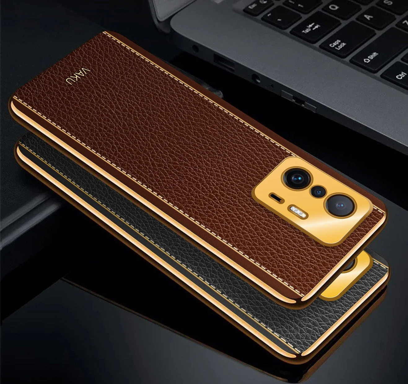 Vaku® Xiaomi 11T Pro 5G Luxemberg Series Leather Stitched Gold Electroplated Soft TPU Back Cover - Image 4