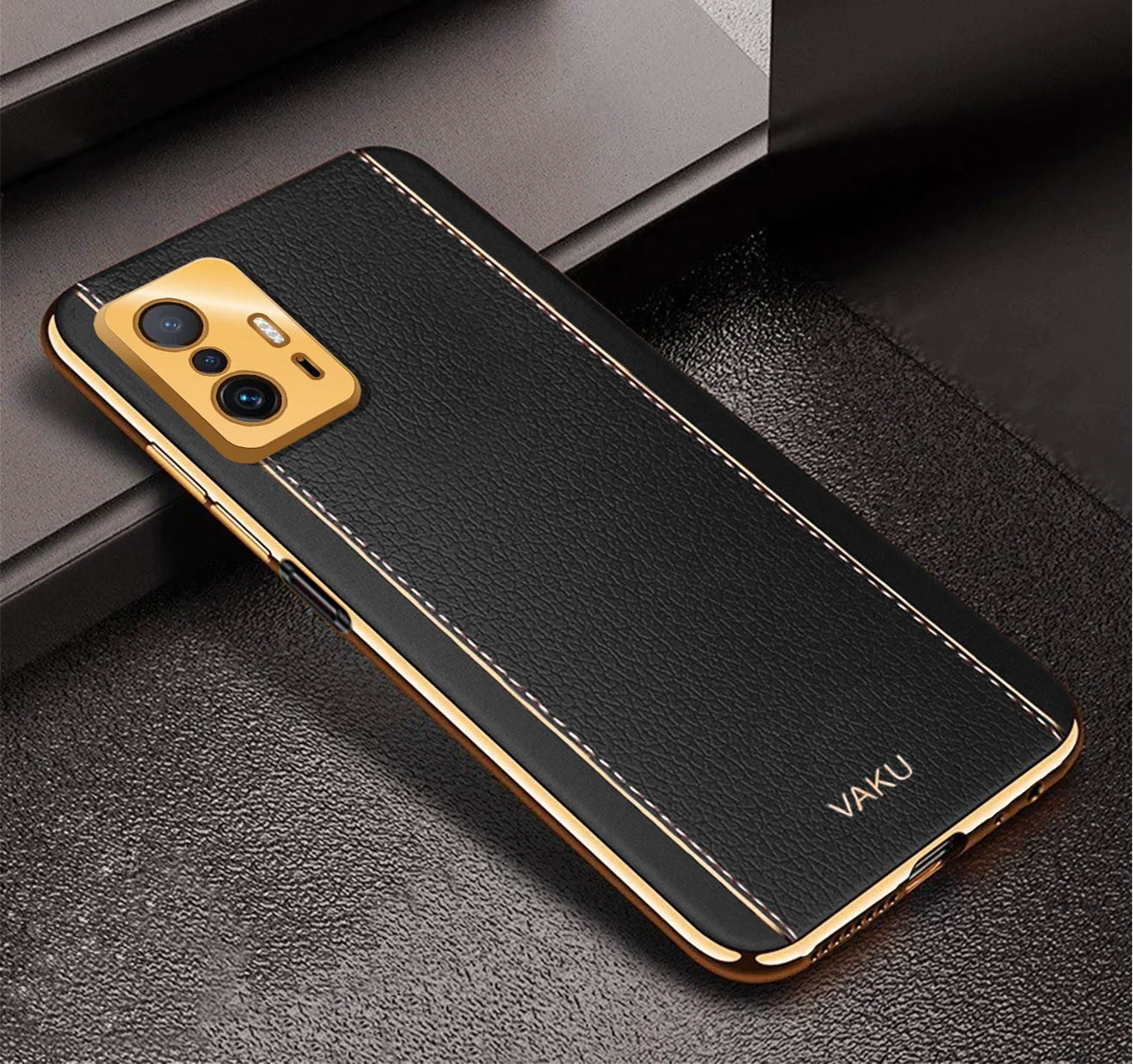 Vaku® Xiaomi 11T Pro 5G Luxemberg Series Leather Stitched Gold Electroplated Soft TPU Back Cover - Image 7