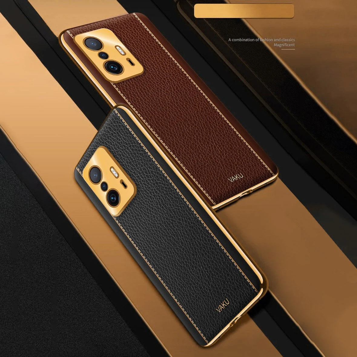 Vaku® Xiaomi 11T Pro 5G Luxemberg Series Leather Stitched Gold Electroplated Soft TPU Back Cover - Image 9