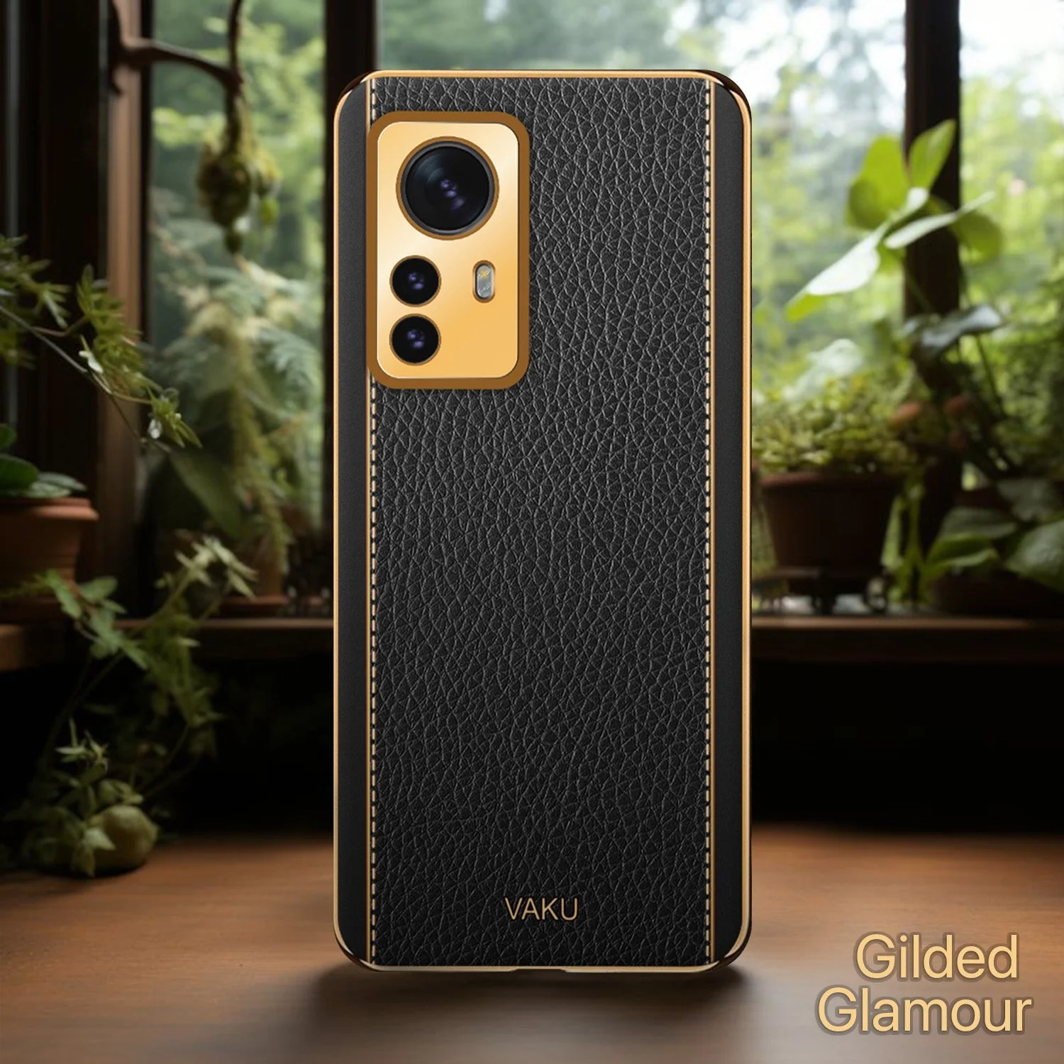 Vaku® Xiaomi 12 Pro 5G Luxemberg Leather Pattern Gold Electroplated Soft TPU Back Cover - Image 2