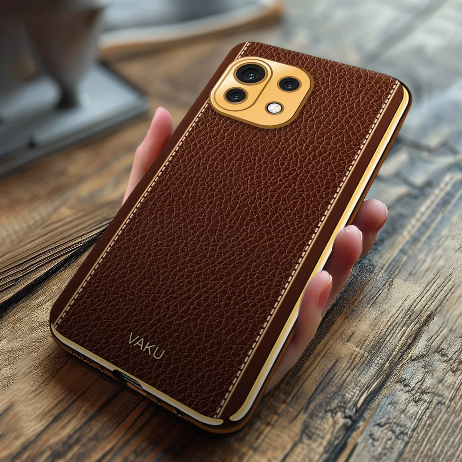 Vaku® Xiaomi Mi 11 Lite Luxemberg Series Leather Stitched Gold Electroplated Soft TPU Back Cover