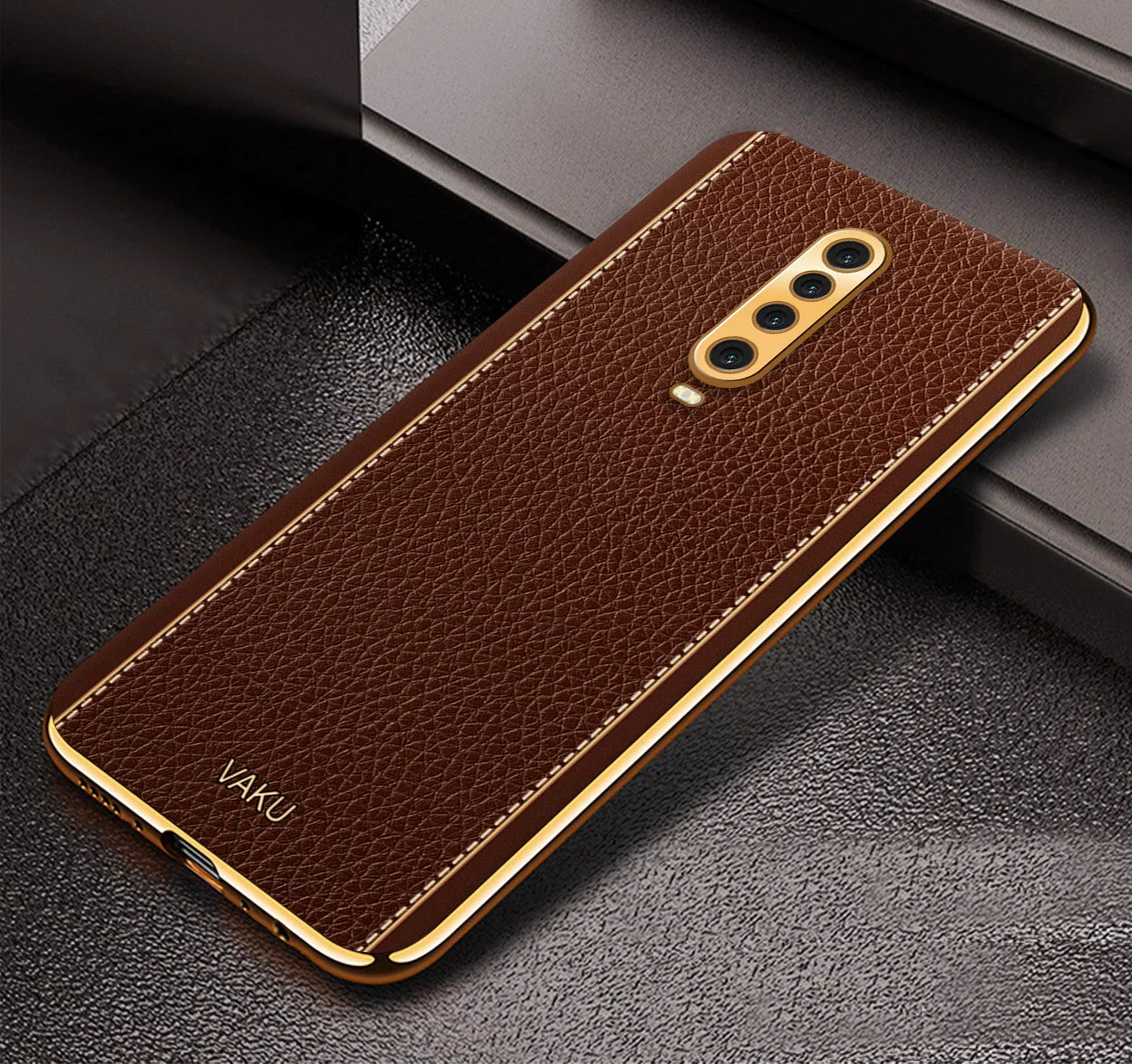 Vaku® Xiaomi Poco X2 Luxemberg Series Leather Stitched Gold Electroplated Soft TPU Back Cover