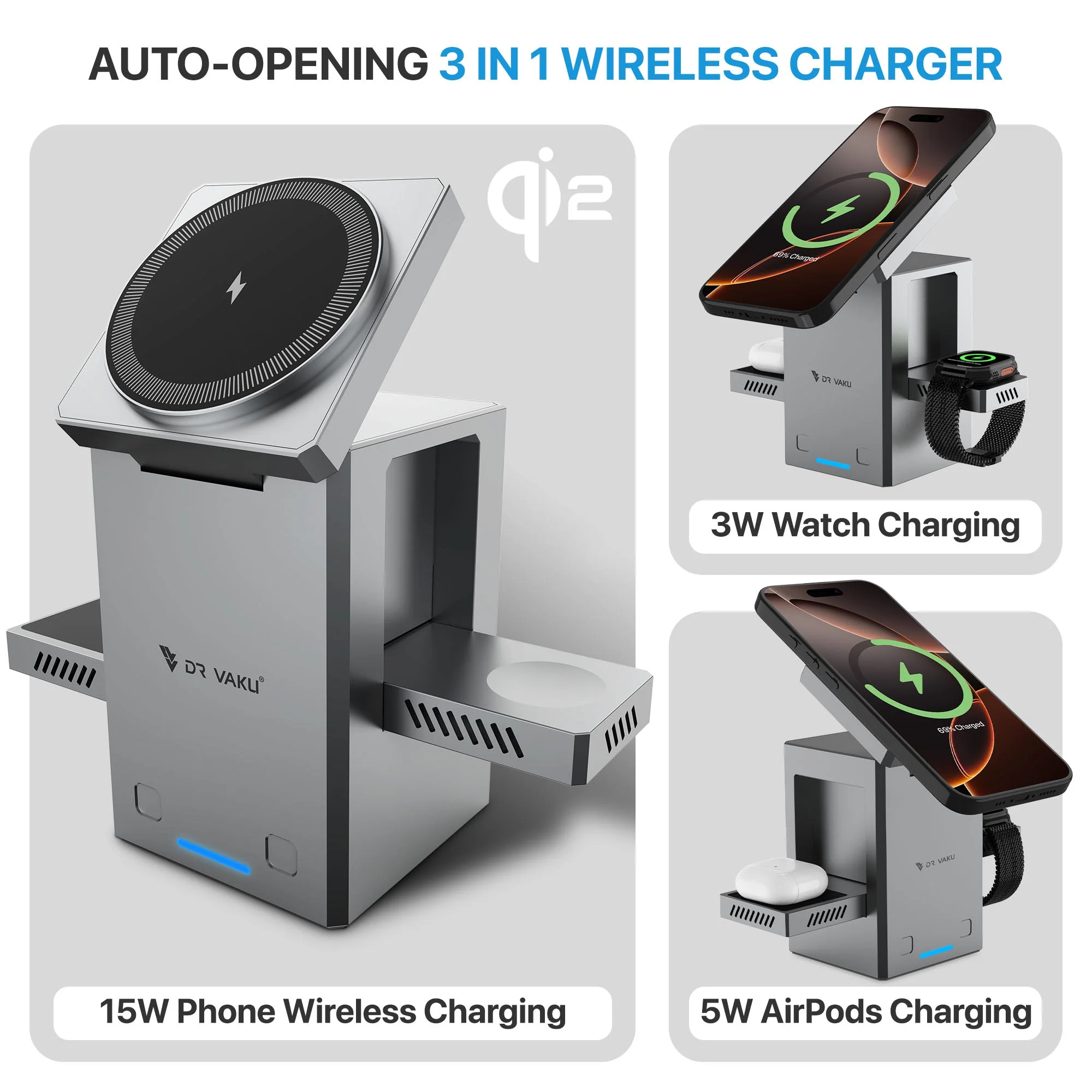 Vaku Luxos ® Autopod 3in1 Wireless Charger Qi2 Certified 23W MagSafe Touch To Unfold Charging Stand For iPhone 16/16 Plus/16 Pro/16 Pro Max,15/14/13/12 Series, AirPods 2/3/Pro Series 9/4/SE - Image 3