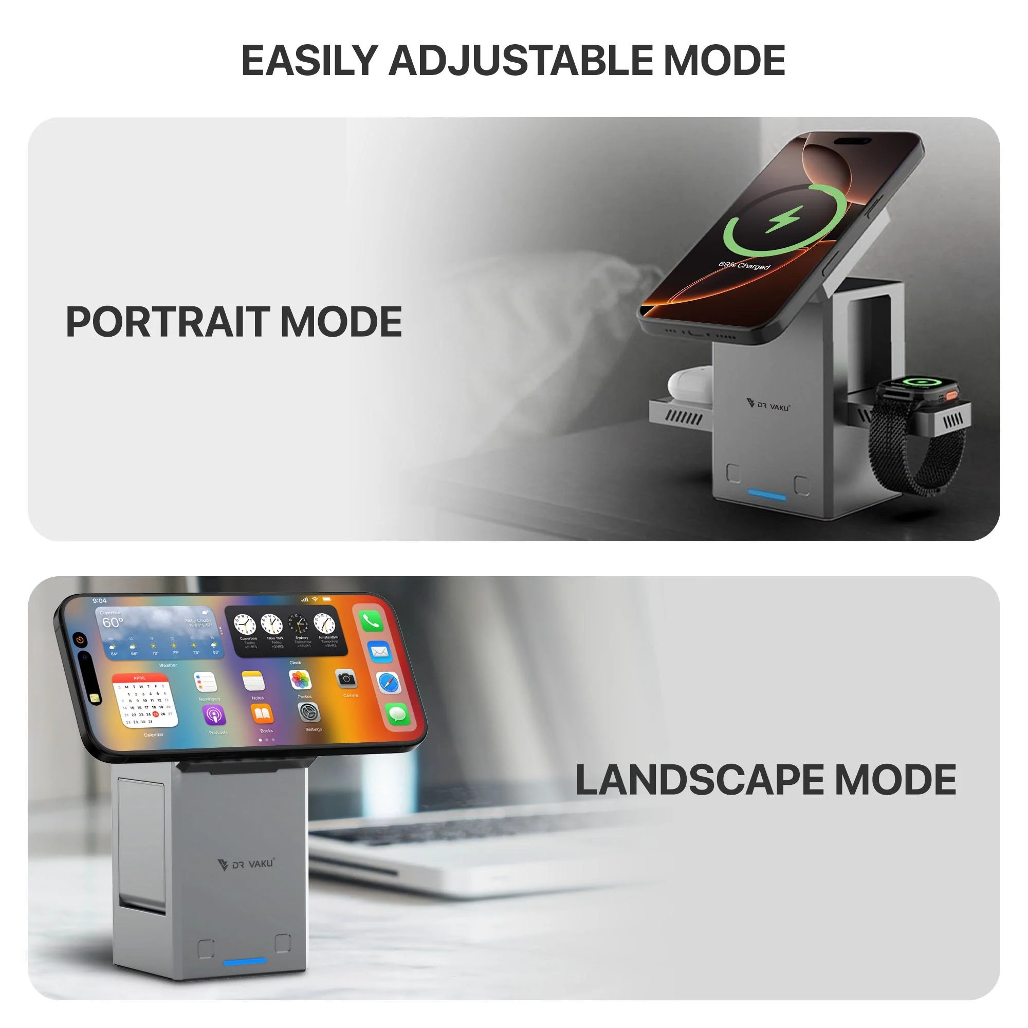 Vaku Luxos ® Autopod 3in1 Wireless Charger Qi2 Certified 23W MagSafe Touch To Unfold Charging Stand For iPhone 16/16 Plus/16 Pro/16 Pro Max,15/14/13/12 Series, AirPods 2/3/Pro Series 9/4/SE - Image 5