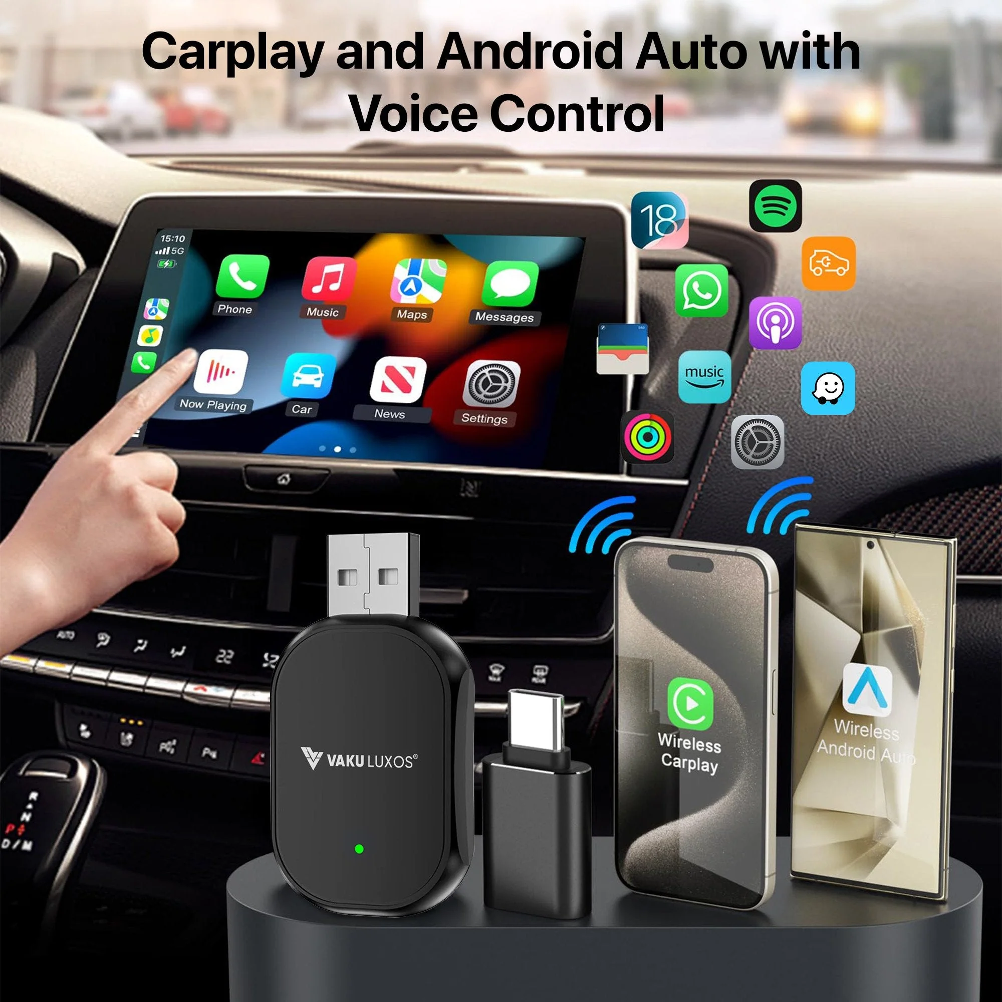 Vaku Luxos ® DASHELITE 2-in-1 Wireless Car Receiver For Wired Android Auto/CarPlay Conversion | Seamless Bluetooth | OEM Compatible - Image 3