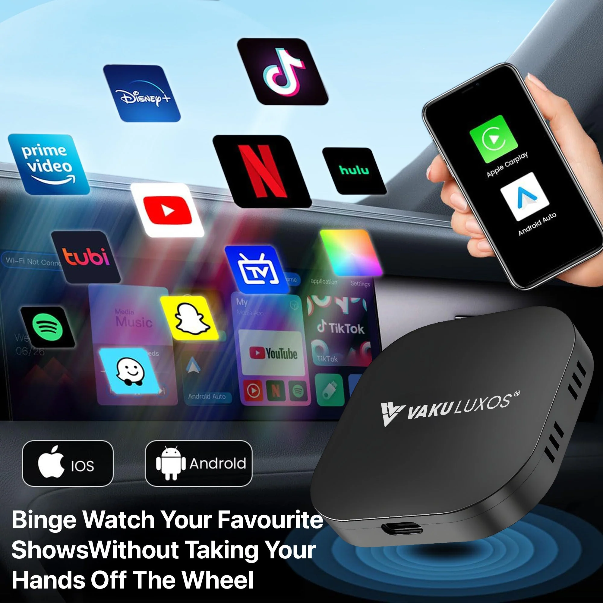 Vaku Luxos ® MUSEPRO 2025 Upgraded Wireless CarPlay Adapter, 5-in-1 Apple Wireless and Android Auto Wireless Adapter Support Netflix/YouTube/TF Card, Magic Ai Box for Cars from 2016 & iPhone iOS10+ - Image 6