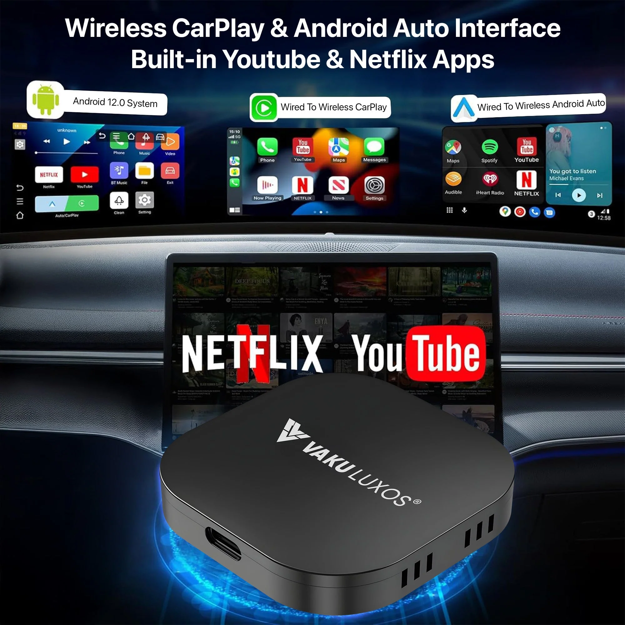 Vaku Luxos ® MUSEPRO 2025 Upgraded Wireless CarPlay Adapter, 5-in-1 Apple Wireless and Android Auto Wireless Adapter Support Netflix/YouTube/TF Card, Magic Ai Box for Cars from 2016 & iPhone iOS10+ - Image 8