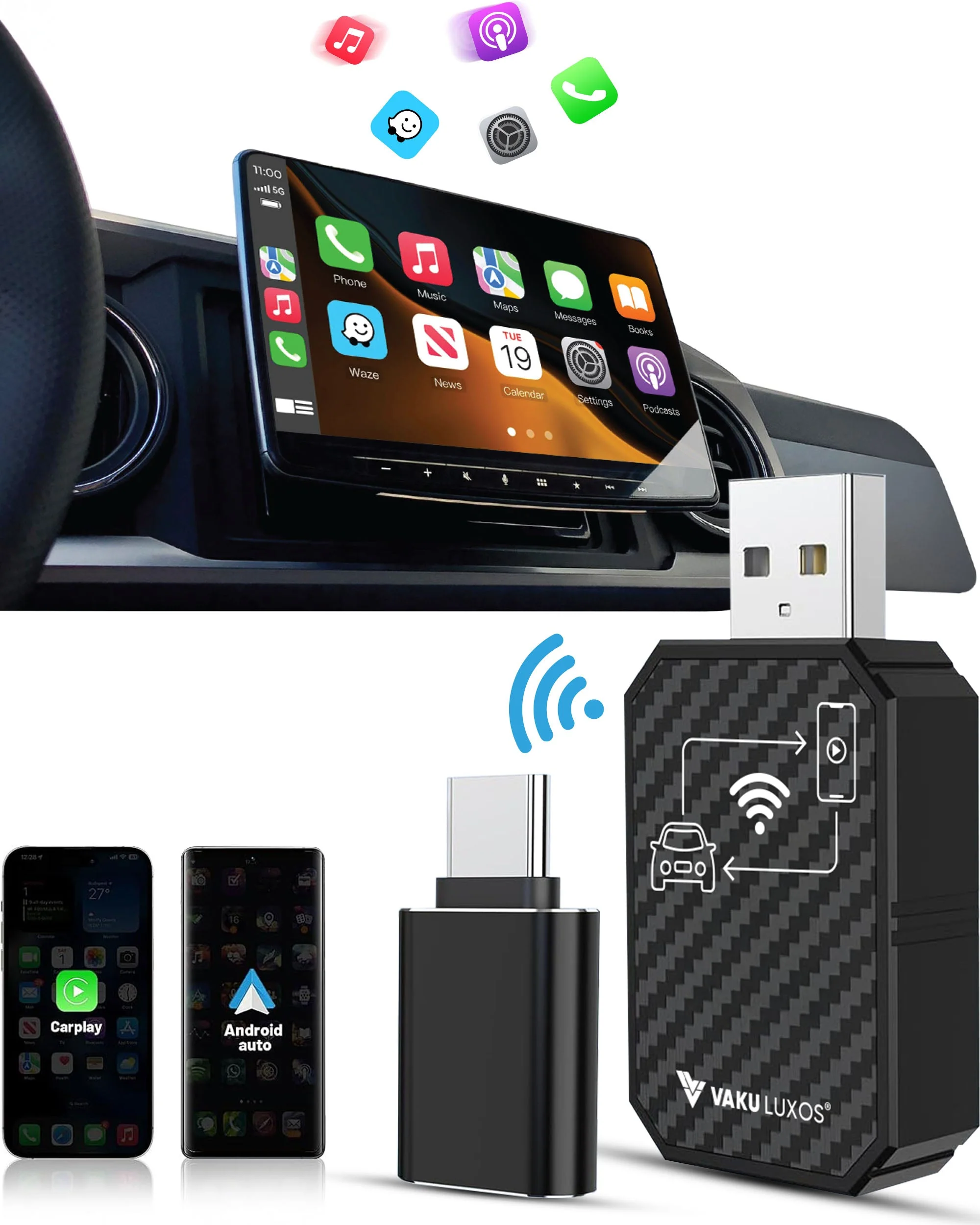 Vaku Luxos® AUTOELITE Wireless CarPlay 7" HD Portable Car Stereo Touchscreen with Wireless Android Auto, Backup Camera, Bluetooth, GPS Navigation, Voice Control, Car Audio Receiver & Music