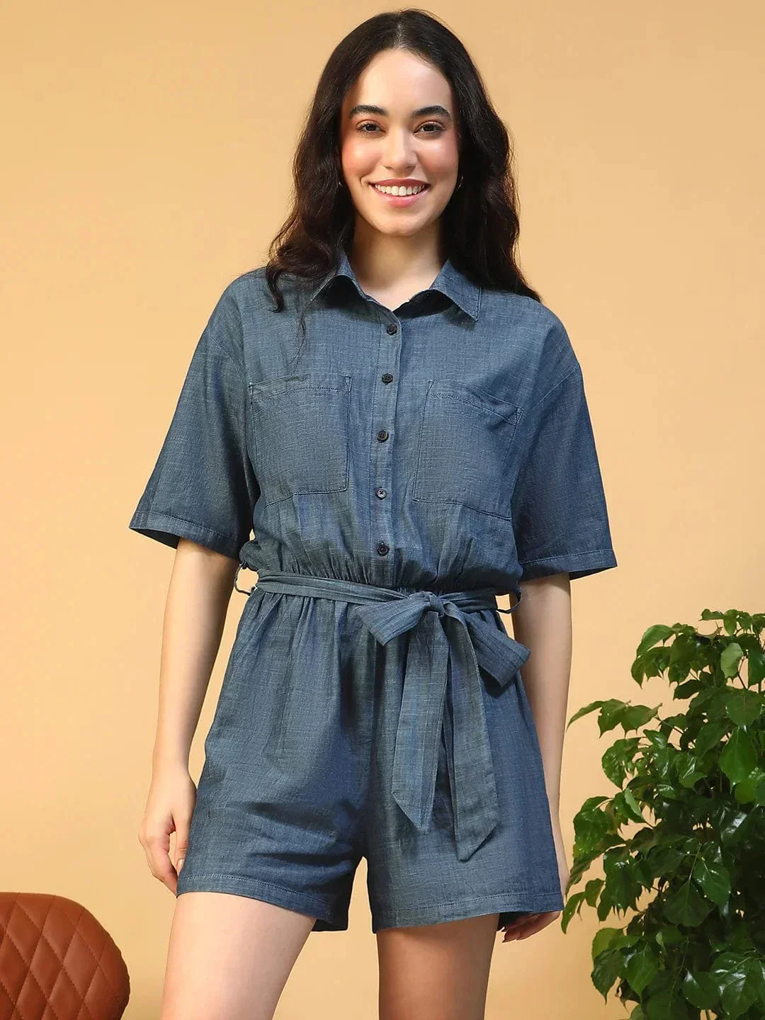 Vancy Blue Collared Button Down Elasticated With Tie-Up Belt Women Cotton Denim Playsuit