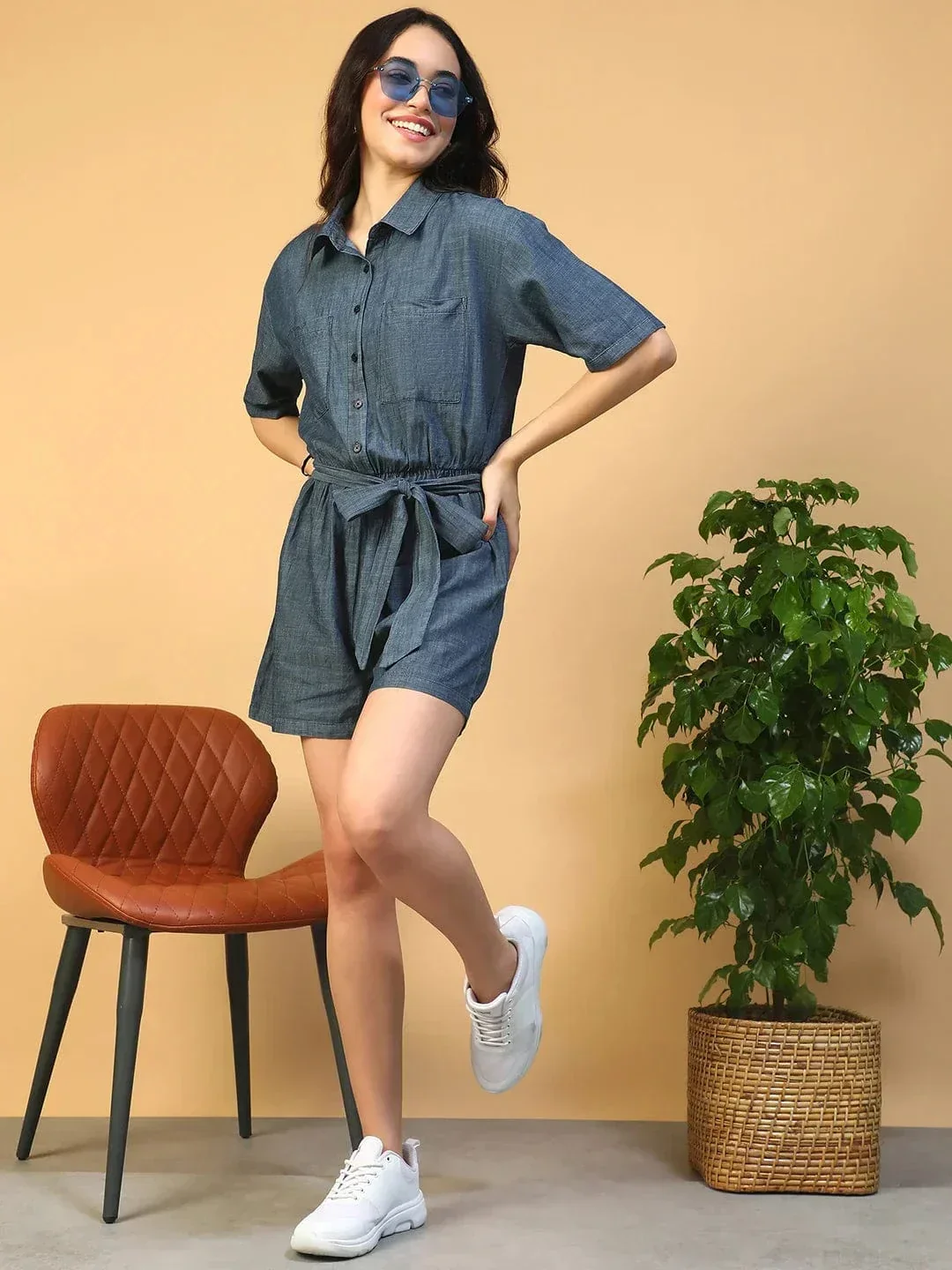 Vancy Blue Collared Button Down Elasticated With Tie-Up Belt Women Cotton Denim Playsuit - Image 7