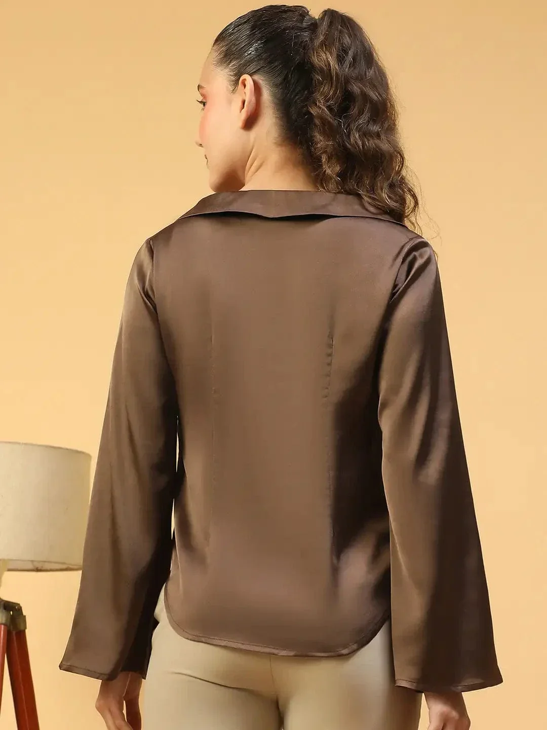 Vaunty Brown Open Collar Long Sleeve Button Down Women Satin Shirt - Image 5