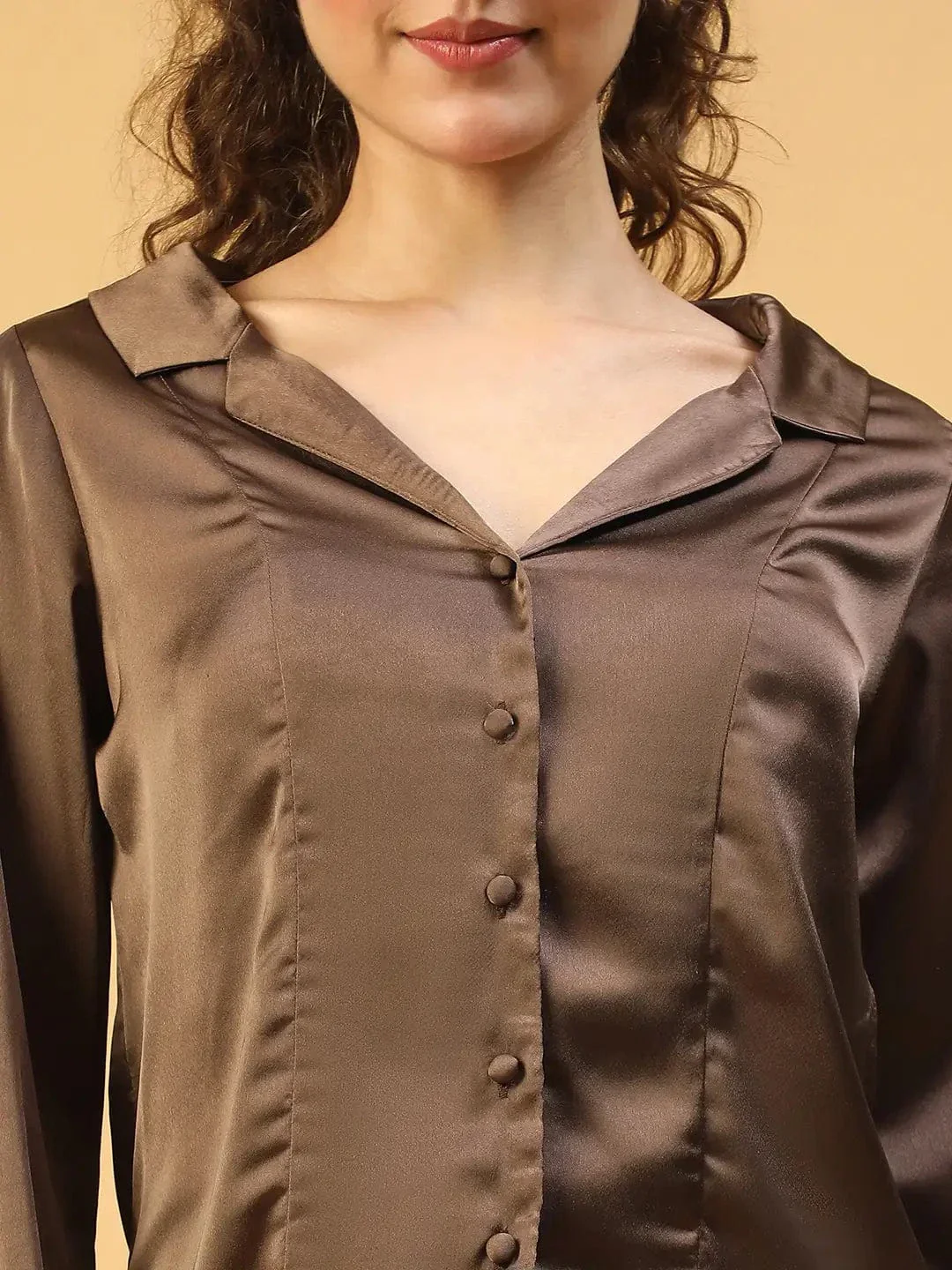 Vaunty Brown Open Collar Long Sleeve Button Down Women Satin Shirt - Image 6