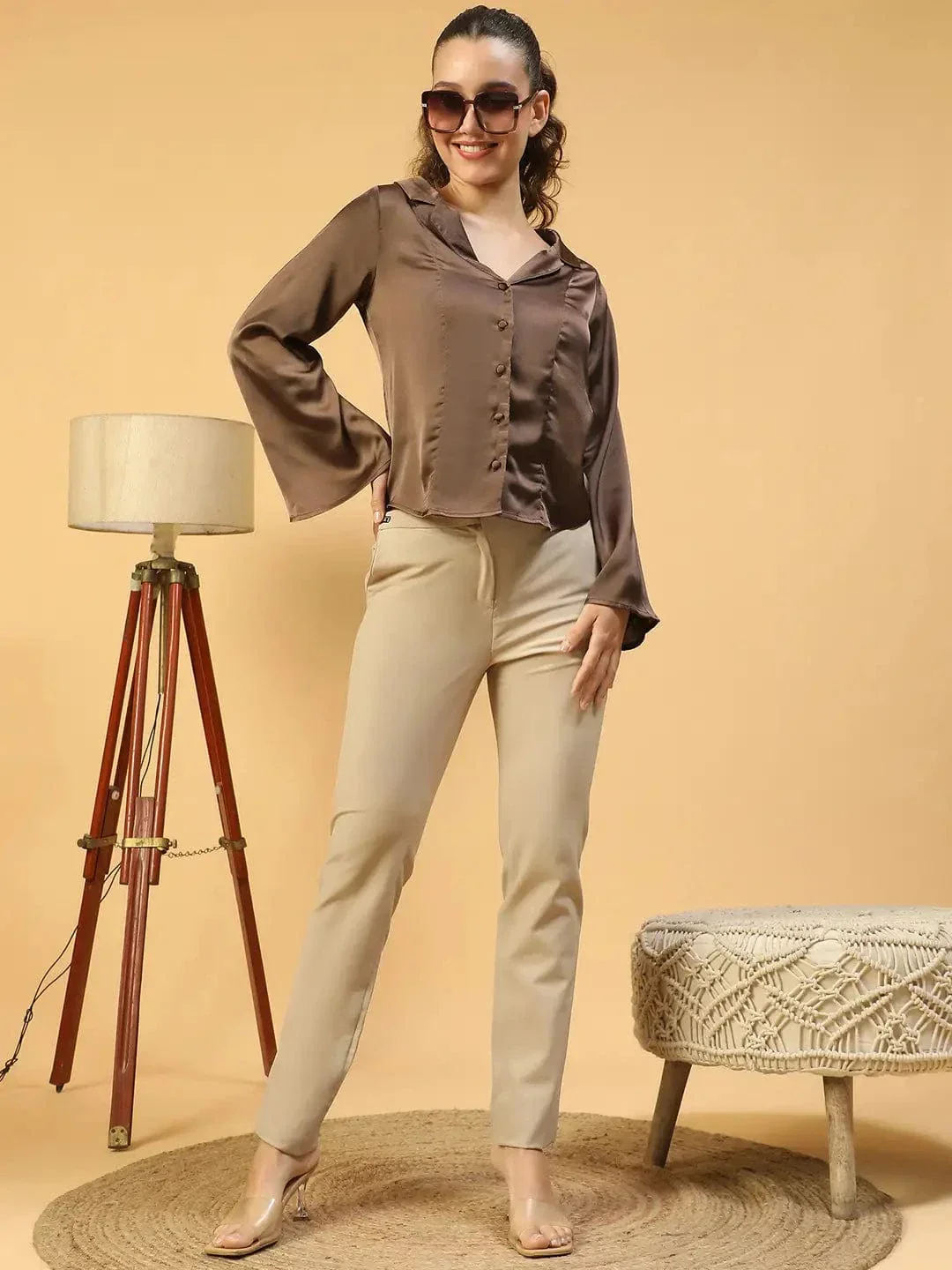 Vaunty Brown Open Collar Long Sleeve Button Down Women Satin Shirt - Image 7