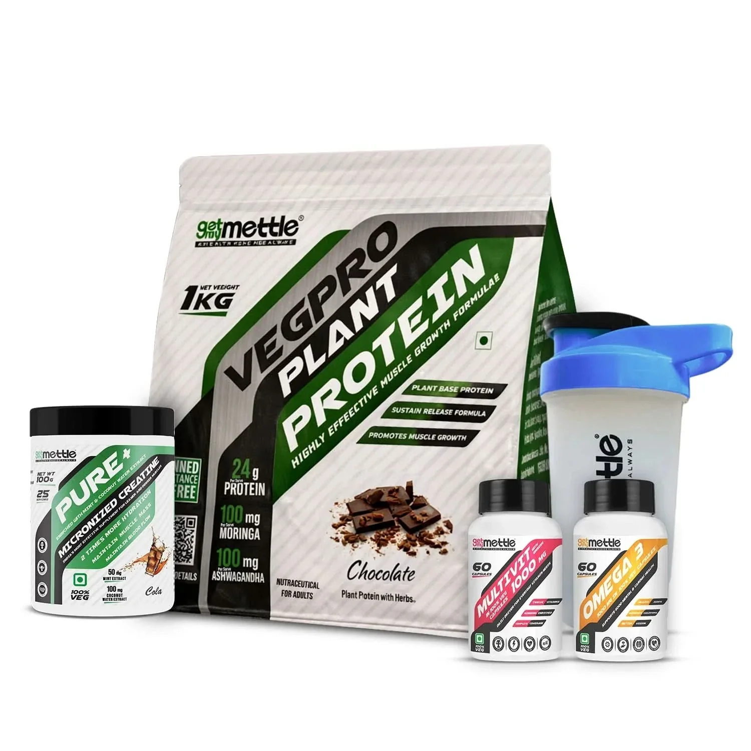 Veg Pro 1kg + Creatine 100gm cola + Omega 3 + Multivit with ginseng + Shaker - Image 2