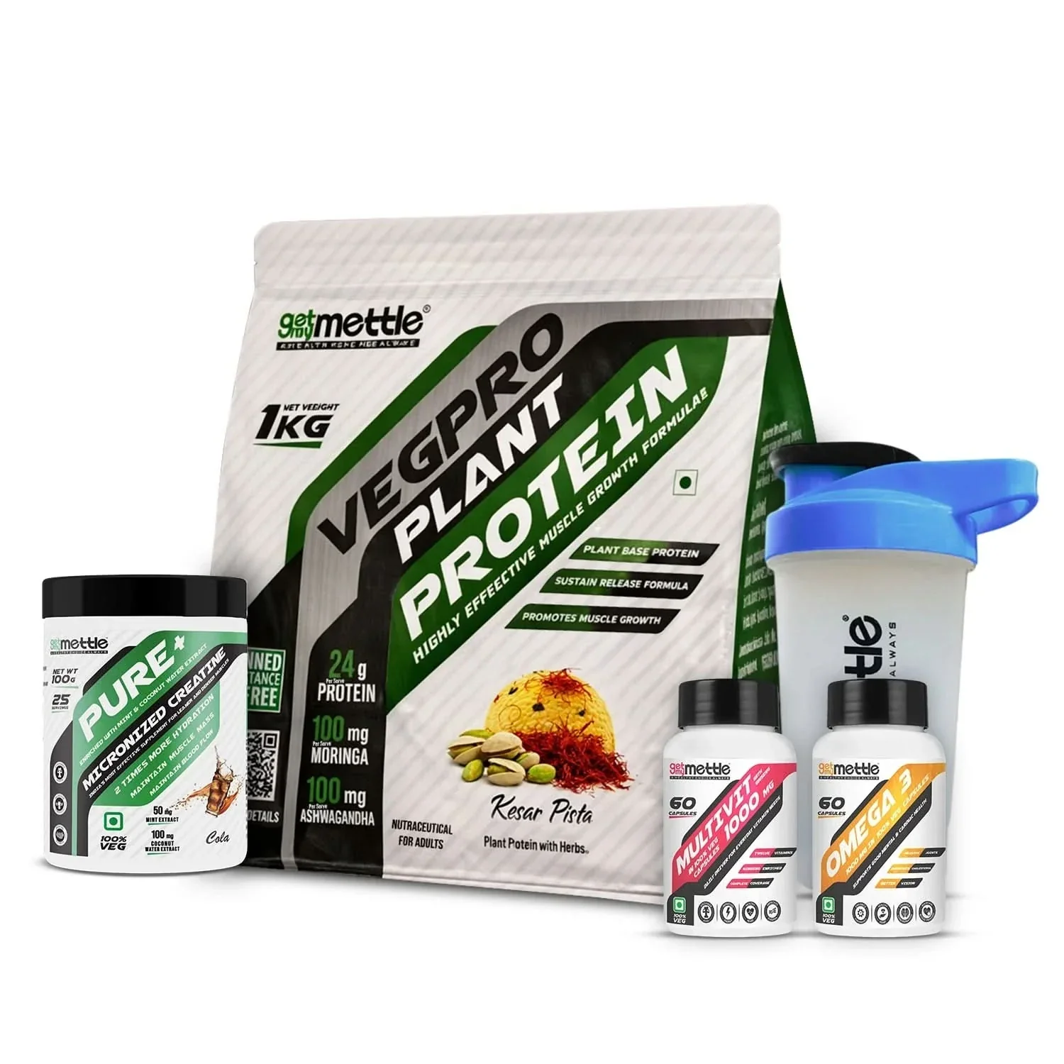 Veg Pro 1kg + Creatine 100gm cola + Omega 3 + Multivit with ginseng + Shaker - Image 3