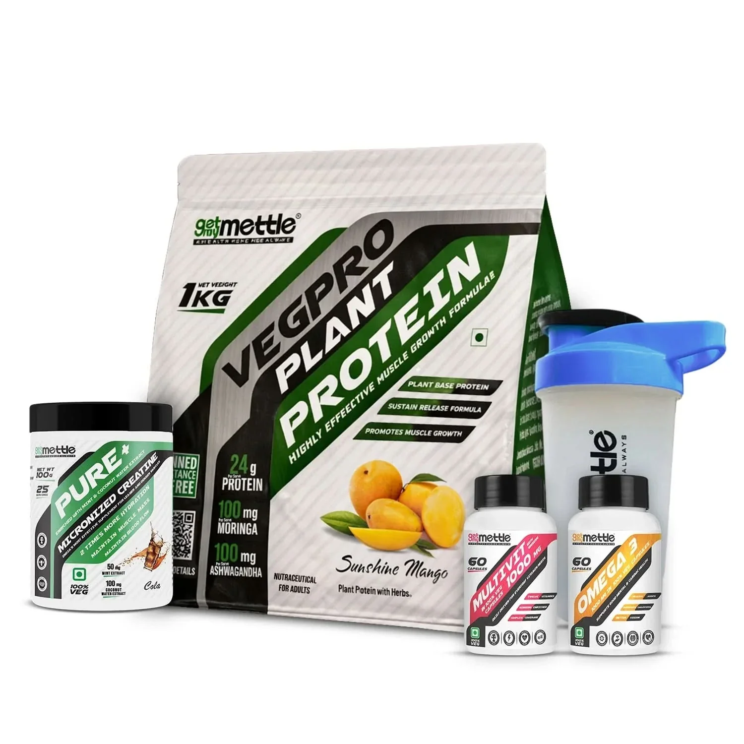 Veg Pro 1kg + Creatine 100gm cola + Omega 3 + Multivit with ginseng + Shaker - Image 4