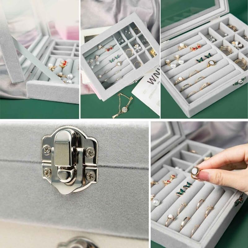 Velvet Jewelry Organizer Box with Glass Lid – Adjustable Ring, Earring & Bracelet Storage (Any Random Colour) - Image 4