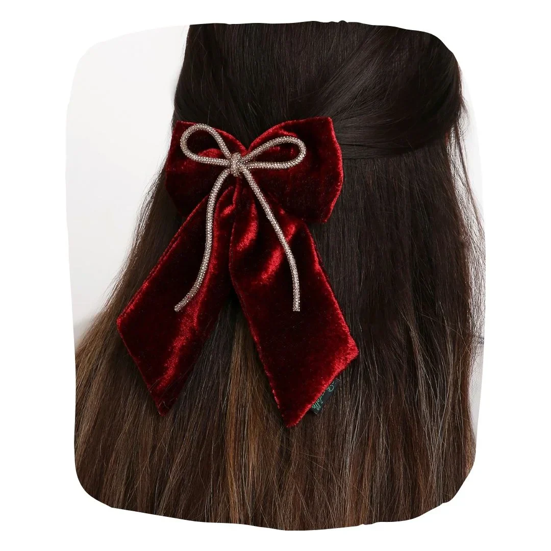 Velvet Pigtail Hair Bow With Rhinestone Cord In Maroon