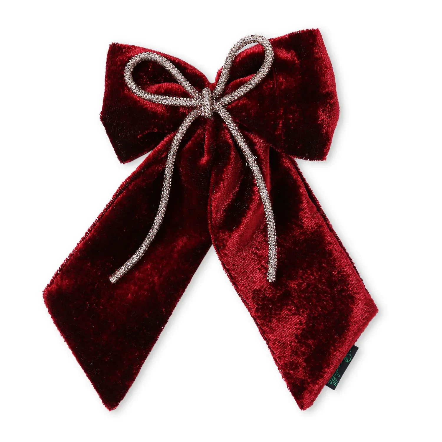 Velvet Pigtail Hair Bow With Rhinestone Cord In Maroon - Image 4