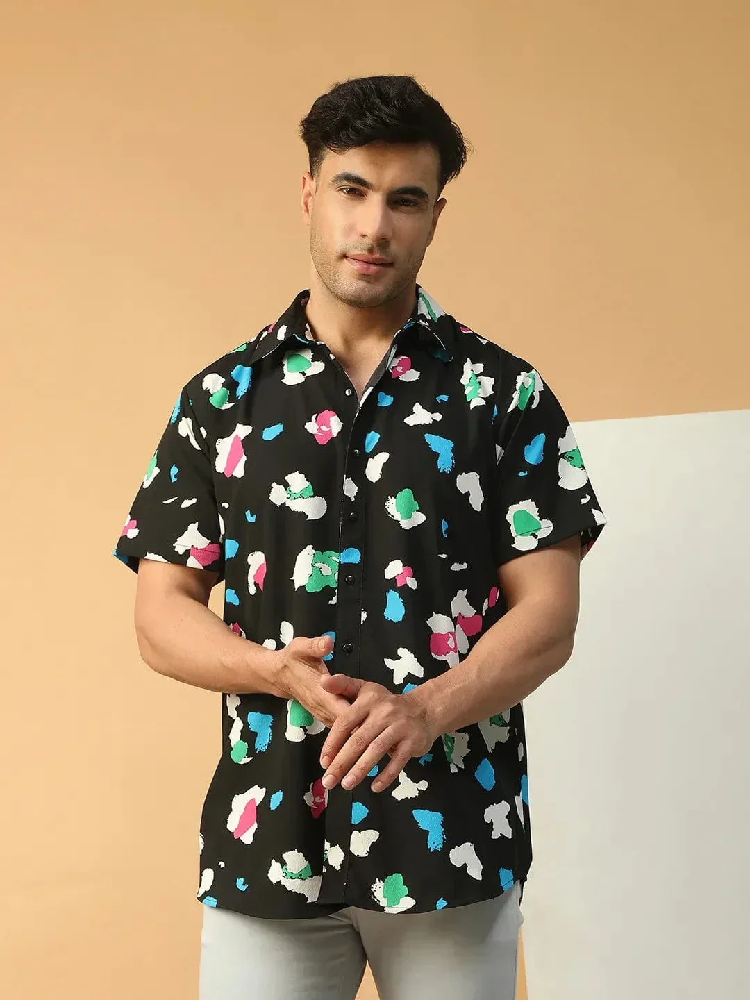Vibe Black Abstract Print Collared Short Sleeve Men Oversized Shirt - Image 2
