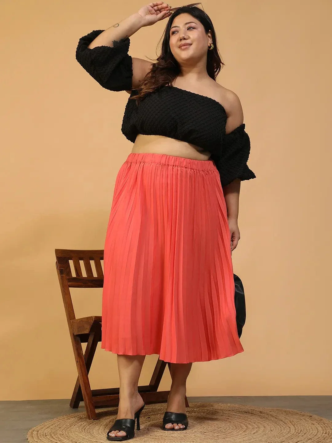 Vibeon Coral Elasticated Pleated Plus Size Women Skirt - Image 7