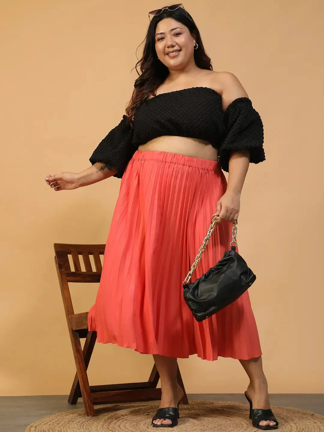 Vibeon Coral Elasticated Pleated Plus Size Women Skirt - Image 8