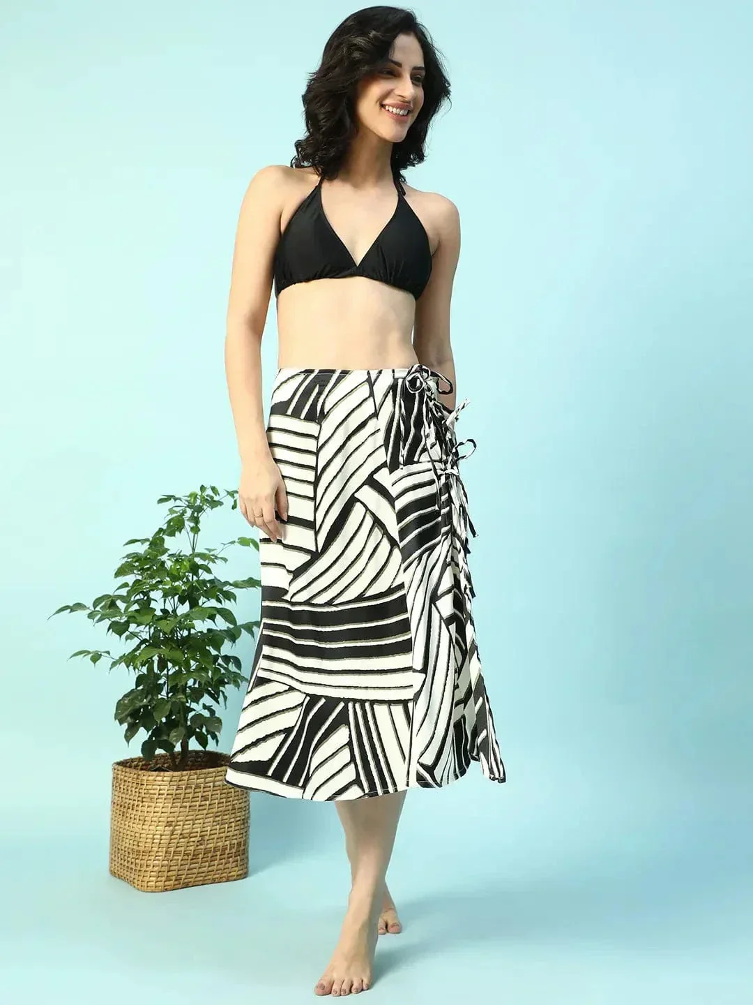 Vibey Black Stripe Print Elasticated With Tie-Up String Detail Women Beachwear Satin Skirt - Image 2