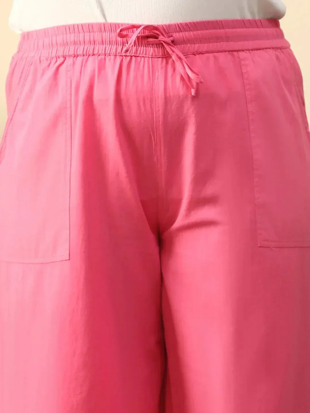Vibey Pink Elasticated With Tie -Up Detail Plus Size Women Cotton Linen Flare Pant - Image 6