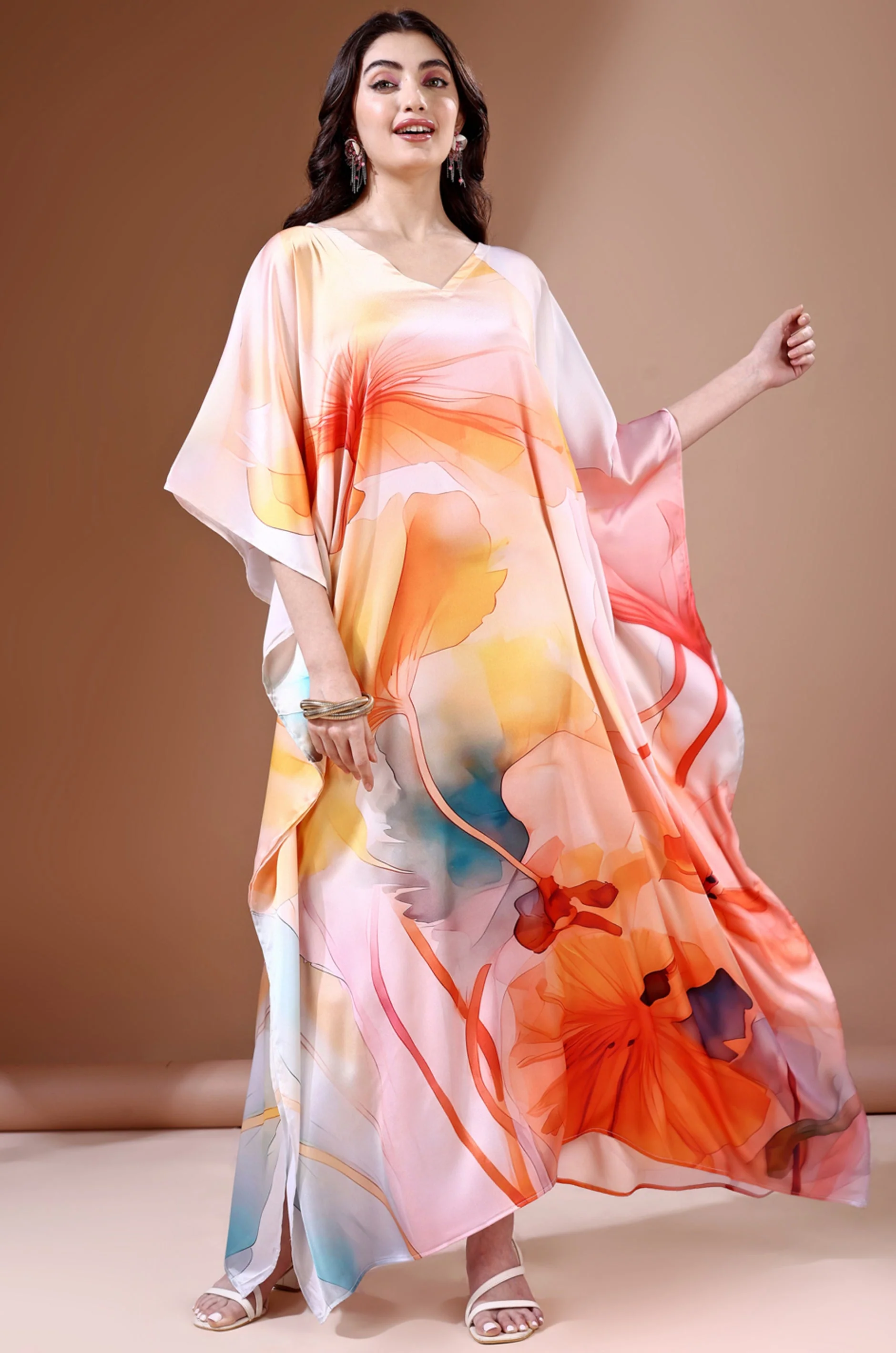Vibrant Oasis Soft Satin Kaftan With Digital Print