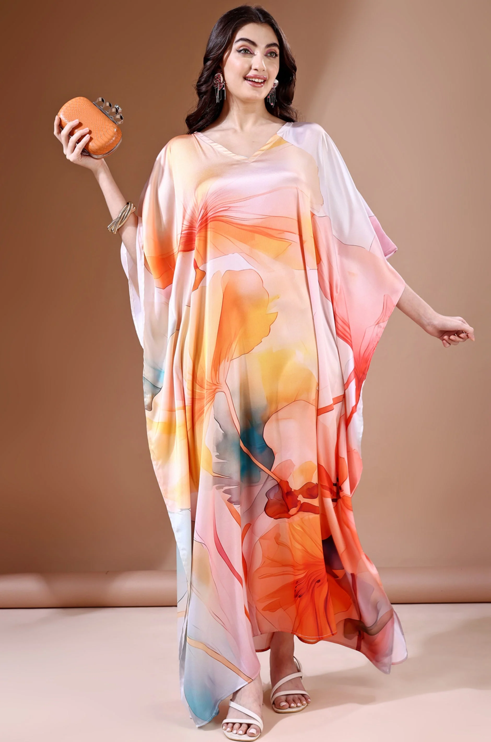 Vibrant Oasis Soft Satin Kaftan With Digital Print - Image 4